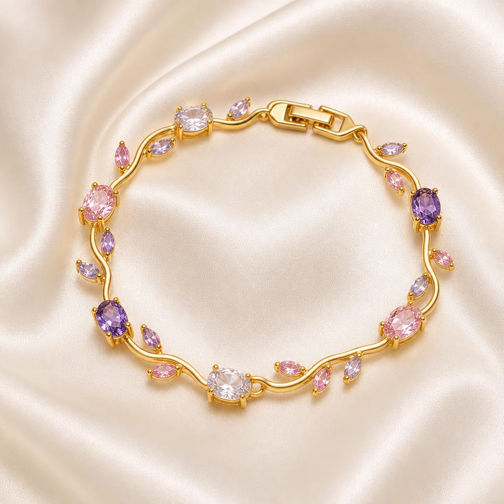 Pulsera de flores en lila multicolor, chapada en oro