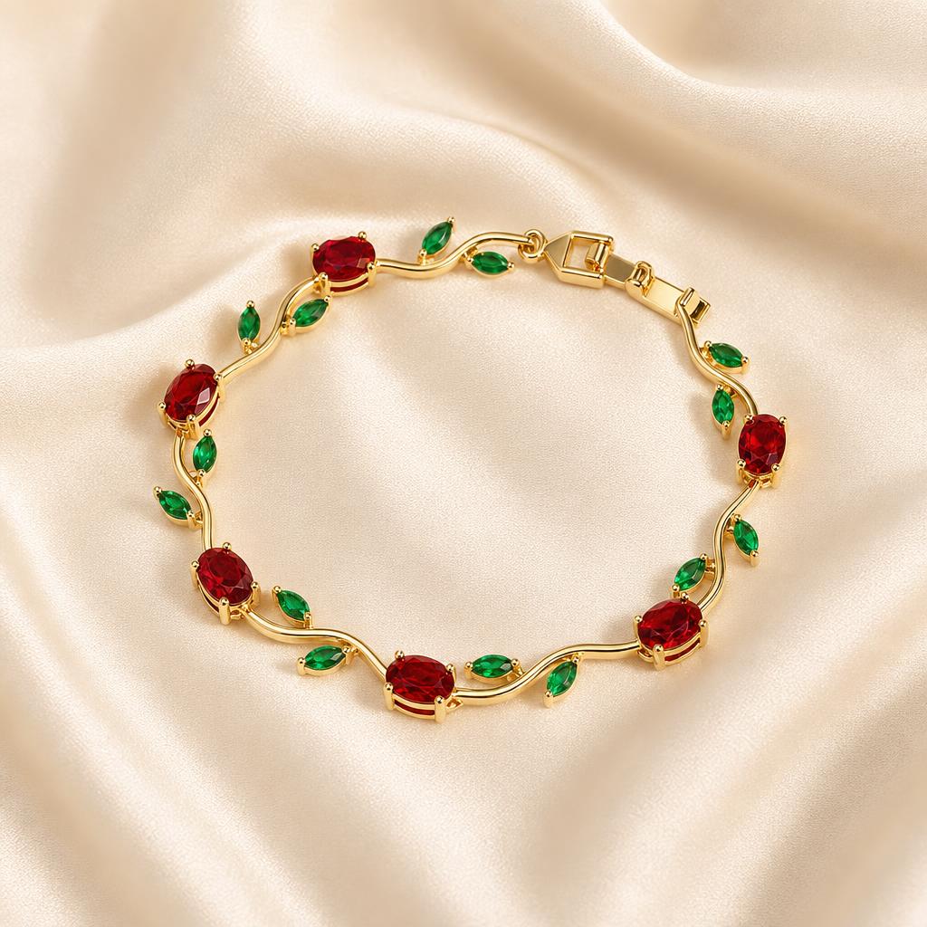 Pulsera de flores en rojo y verde, chapada en oro