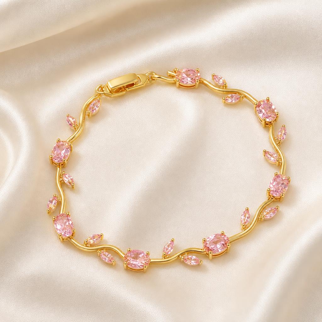Pulsera de flores color rosa, chapada en oro