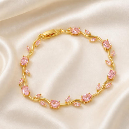 Pulsera de flores color rosa, chapada en oro